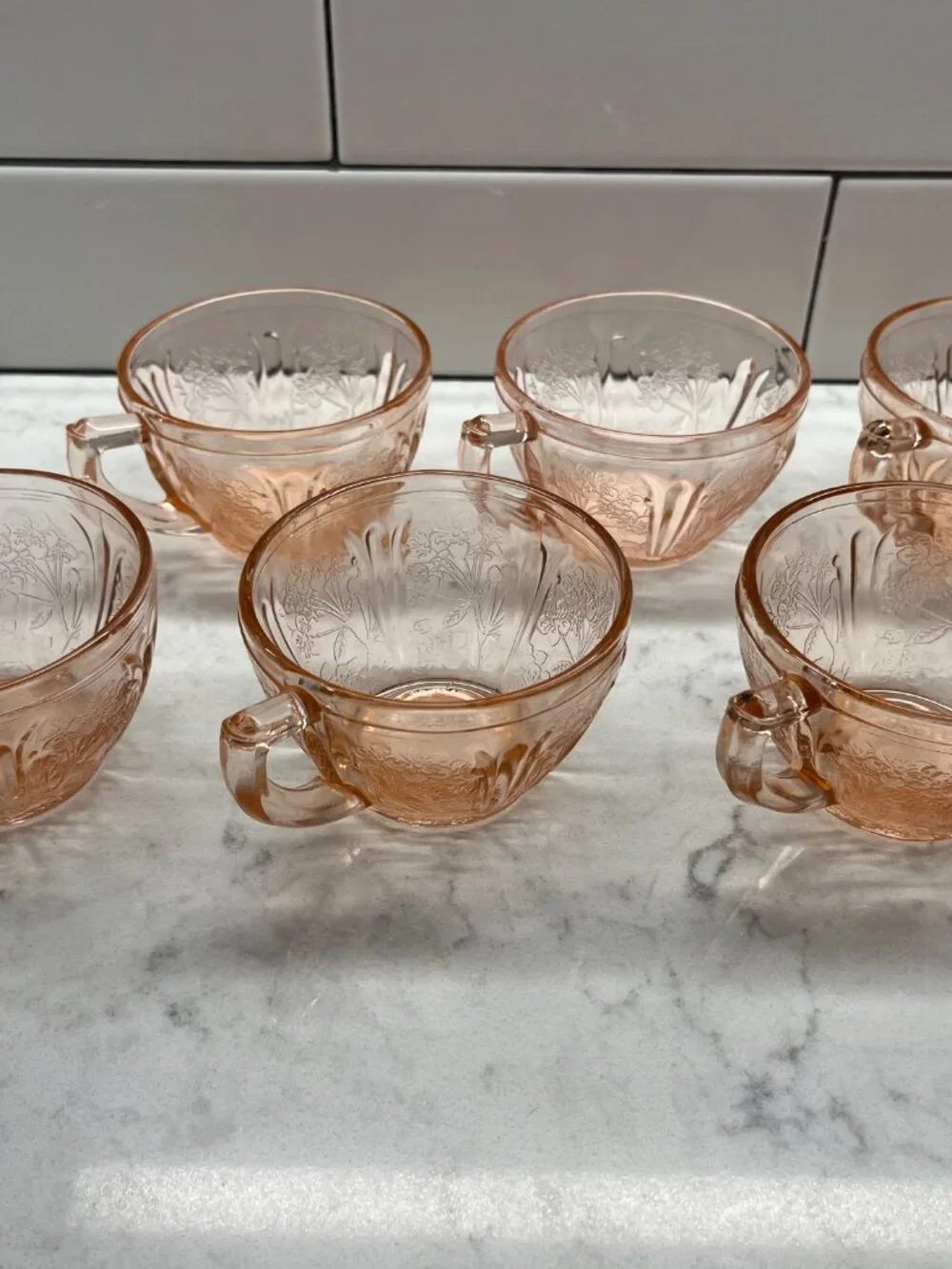 (6) Vintage Pink Depression Jeannette Glass Cherry Blossom Teacups